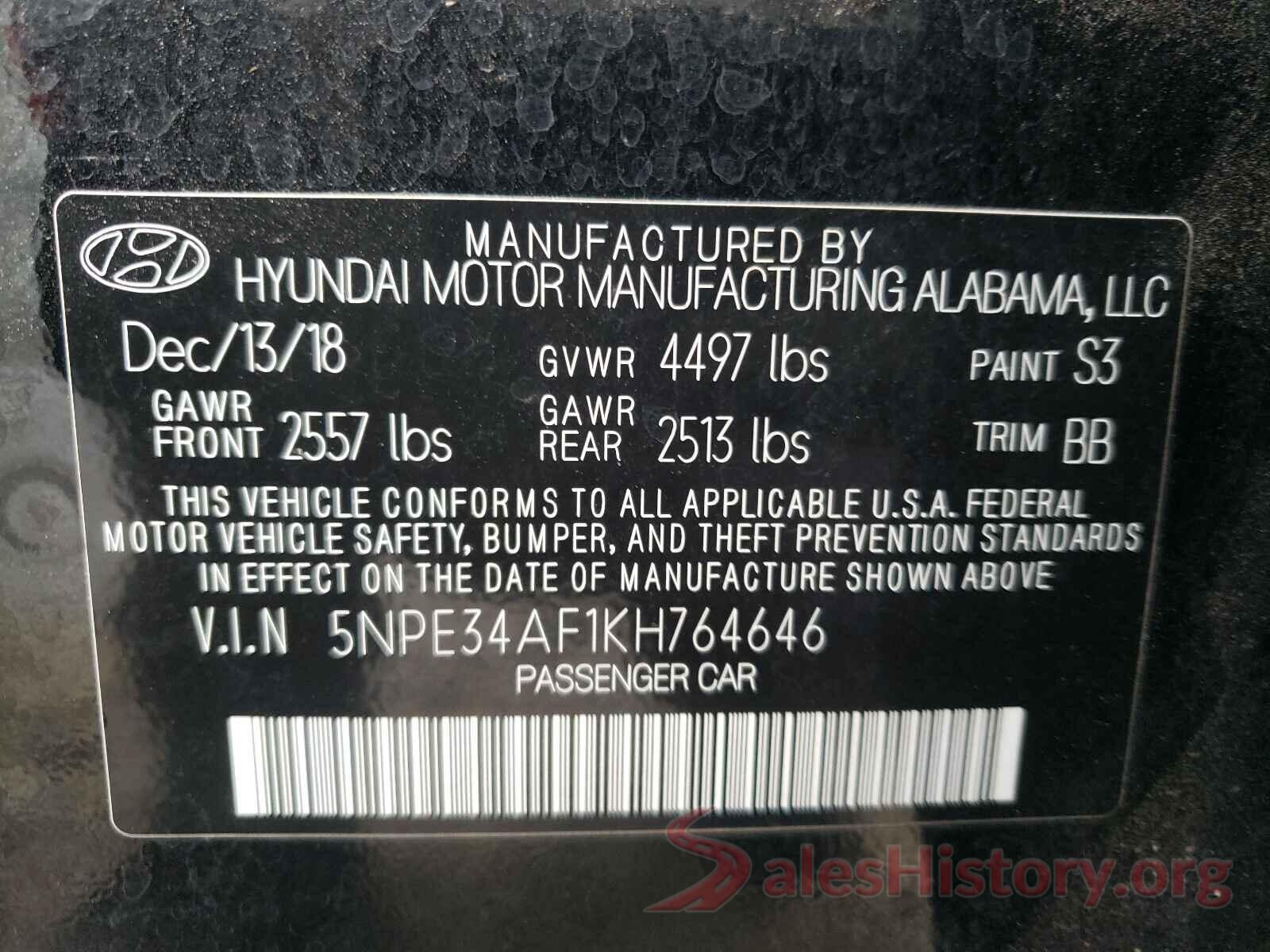 5NPE34AF1KH764646 2019 HYUNDAI SONATA