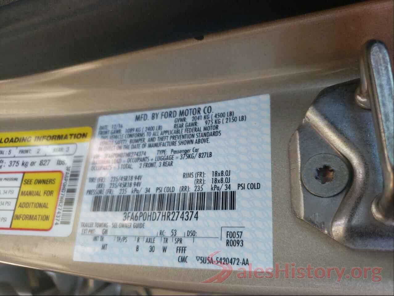 3FA6P0HD7HR274374 2017 FORD FUSION