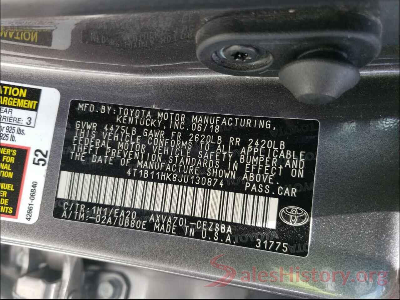 4T1B11HK8JU130874 2018 TOYOTA CAMRY