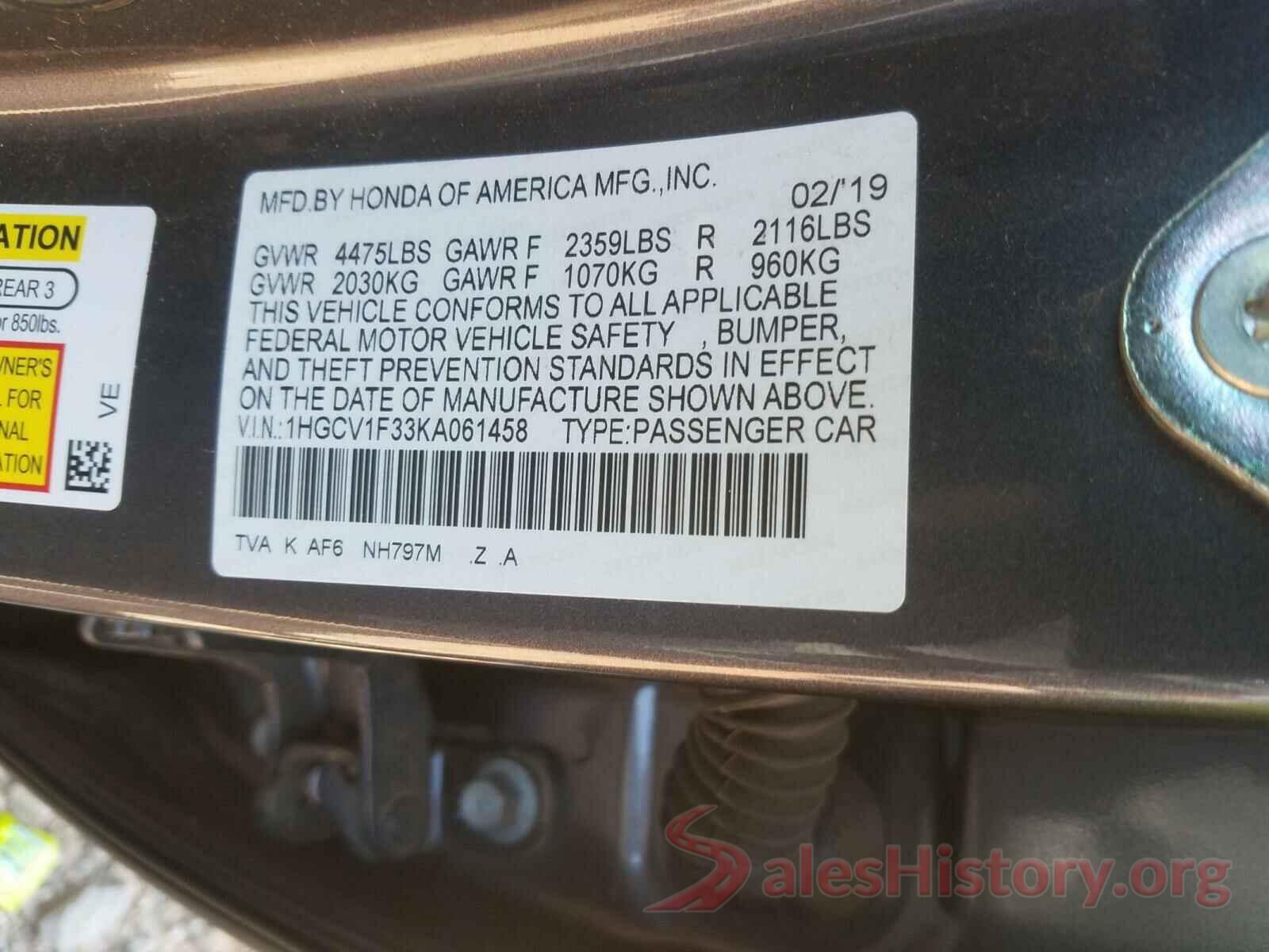 1HGCV1F33KA061458 2019 HONDA ACCORD