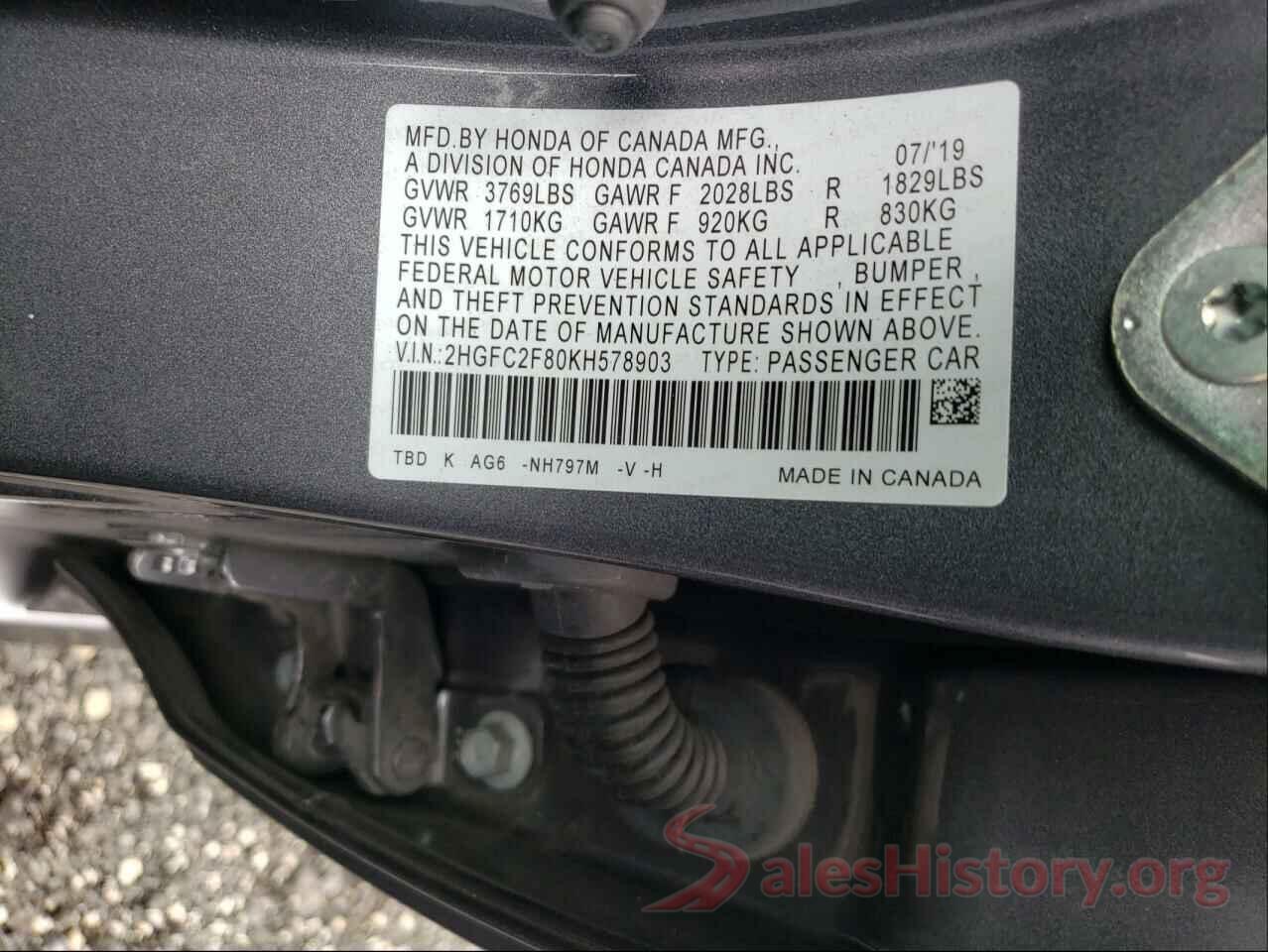 2HGFC2F80KH578903 2019 HONDA CIVIC