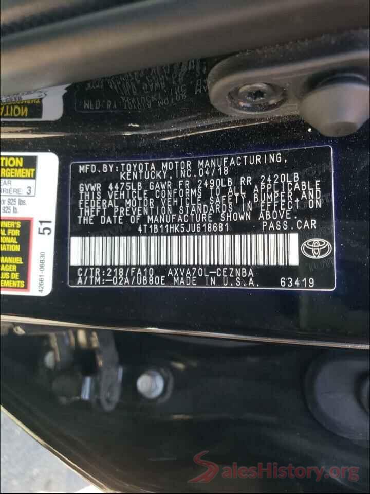 4T1B11HK5JU618681 2018 TOYOTA CAMRY