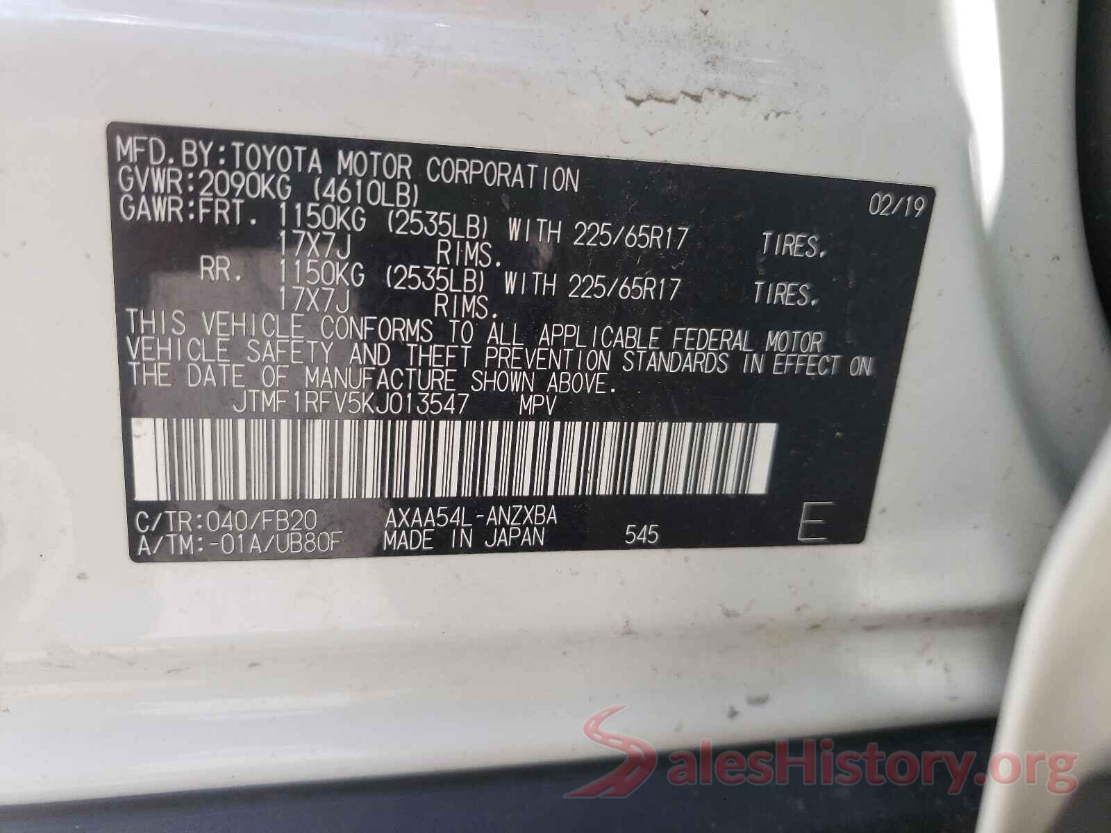 JTMF1RFV5KJ013547 2019 TOYOTA RAV4