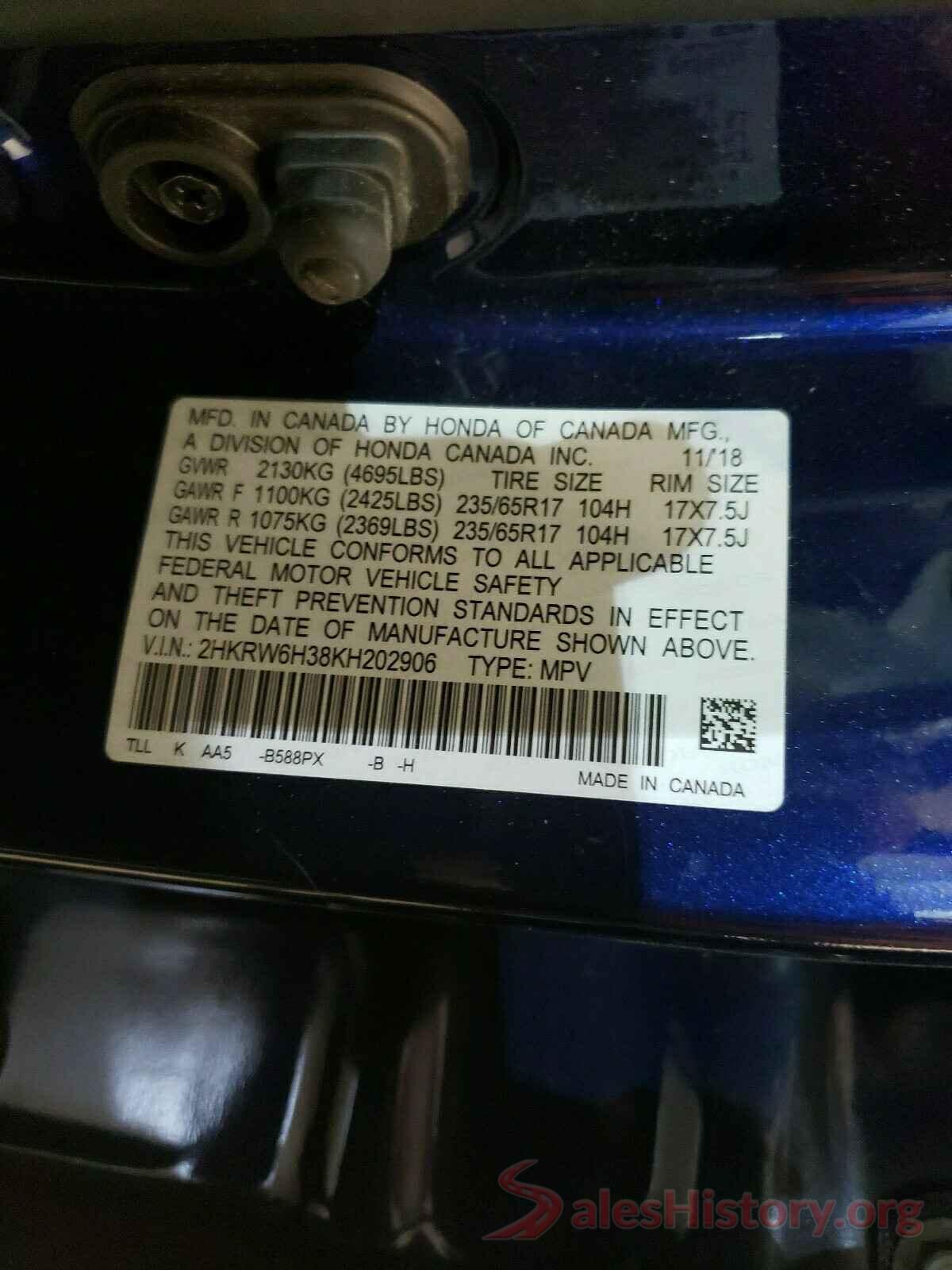 2HKRW6H38KH202906 2019 HONDA CRV