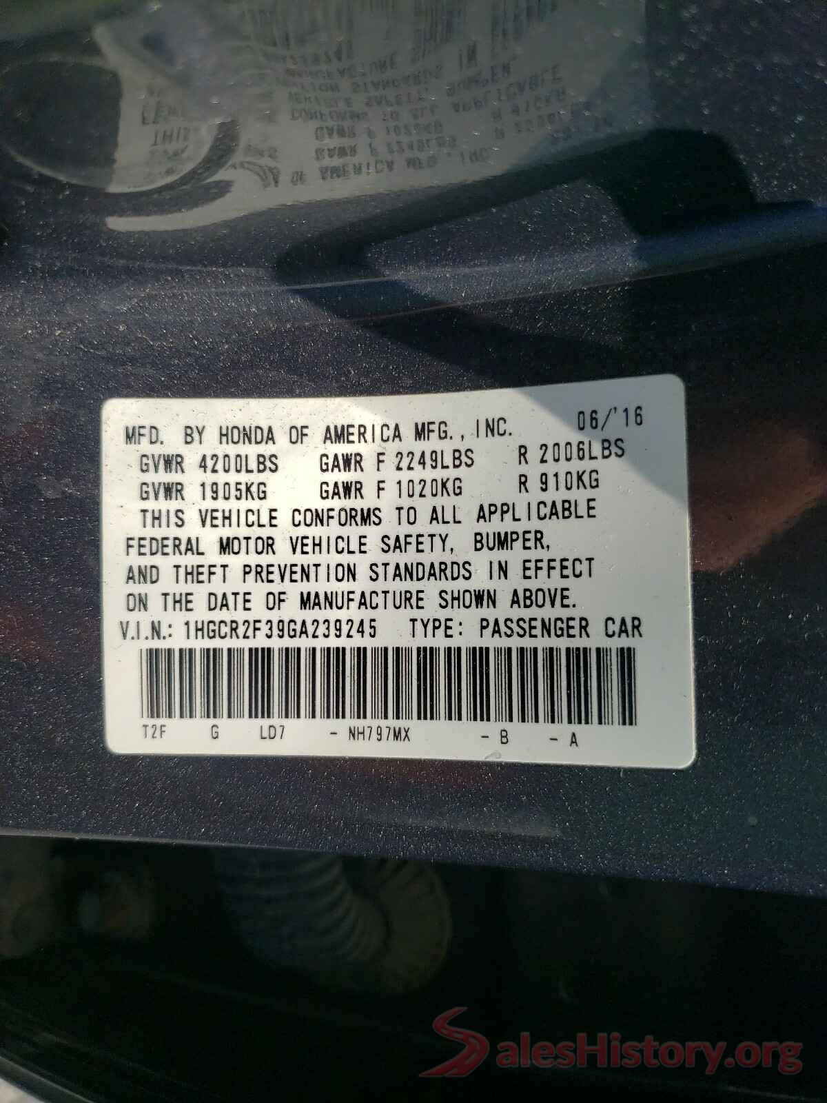 1HGCR2F39GA239245 2016 HONDA ACCORD