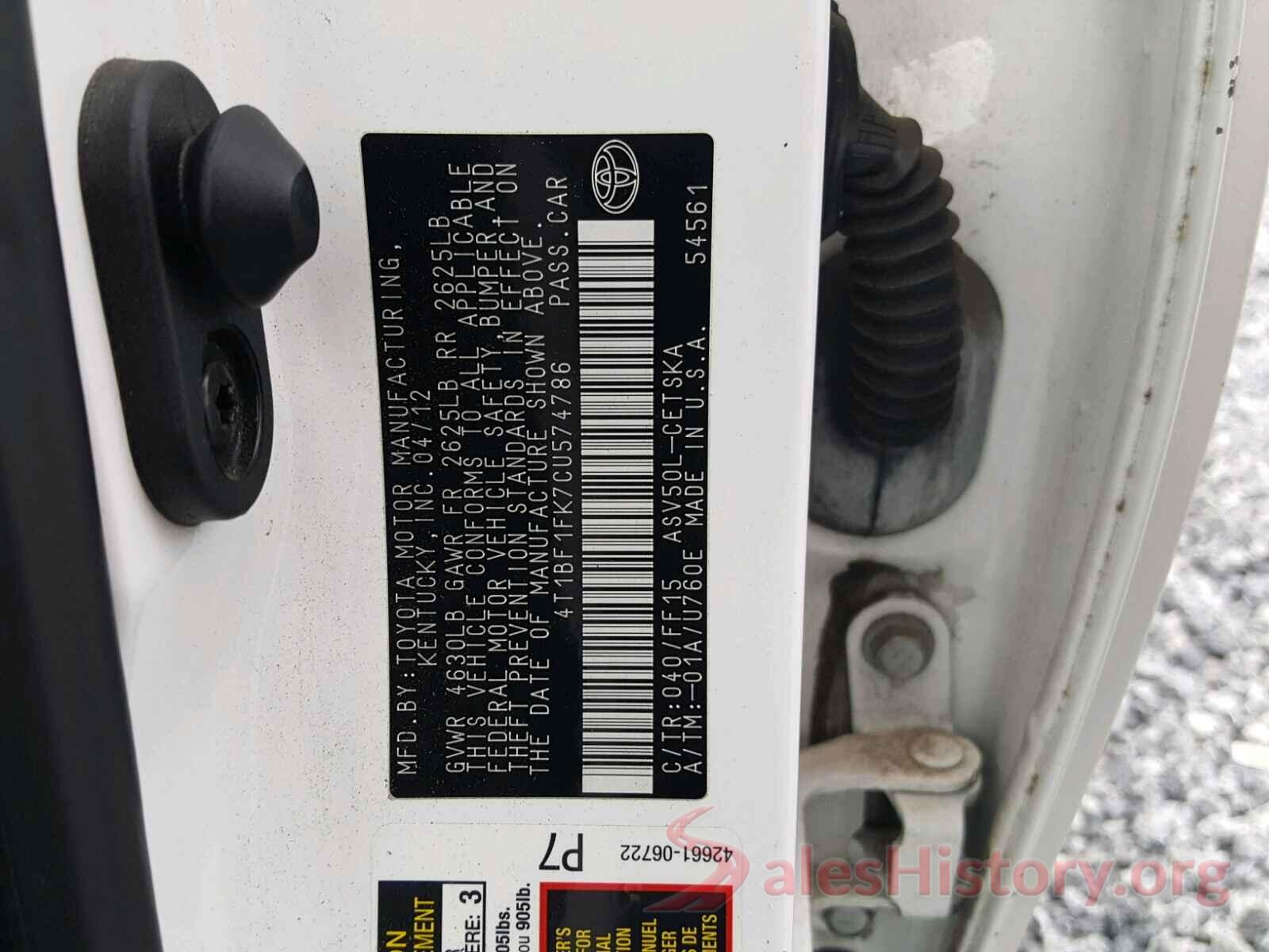 4T1BF1FK7CU574786 2012 TOYOTA CAMRY BASE