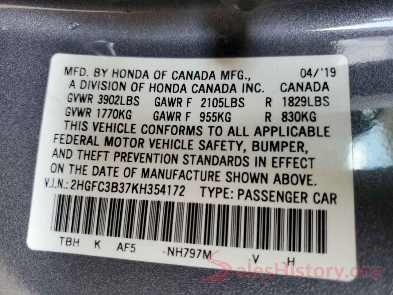 2HGFC3B37KH354172 2019 HONDA CIVIC