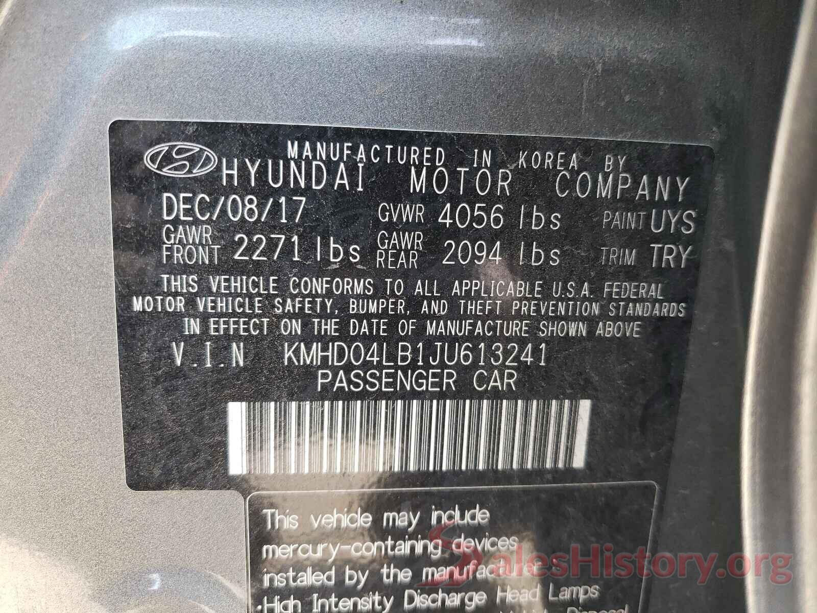 KMHD04LB1JU613241 2018 HYUNDAI ELANTRA