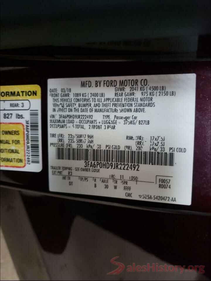 3FA6P0HD9JR222492 2018 FORD FUSION