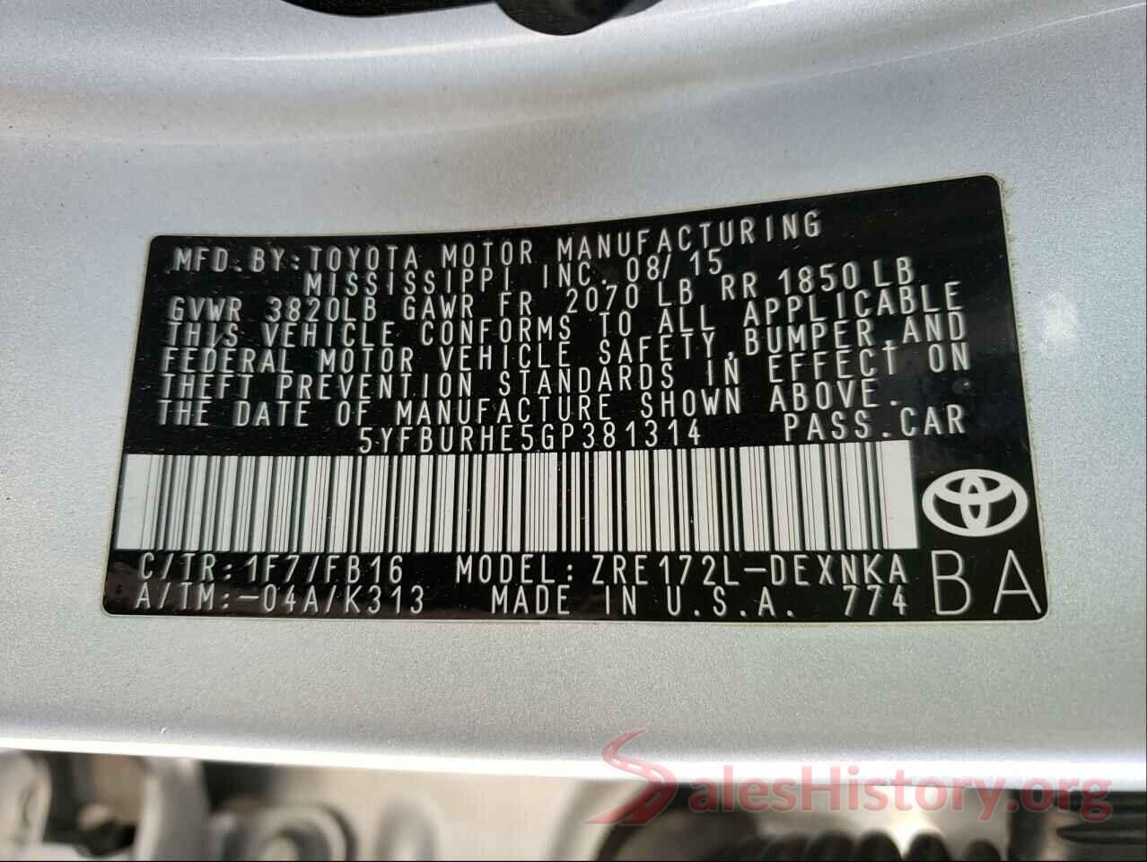 5YFBURHE5GP381314 2016 TOYOTA COROLLA