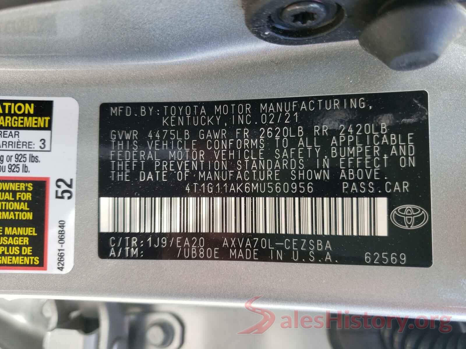 4T1G11AK6MU560956 2021 TOYOTA CAMRY