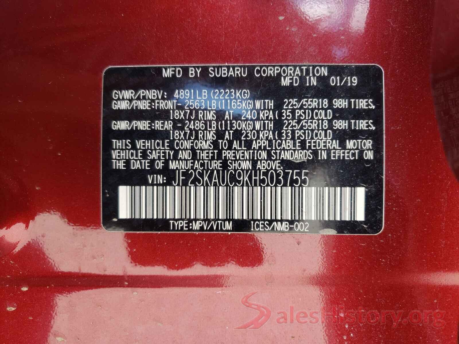 JF2SKAUC9KH503755 2019 SUBARU FORESTER