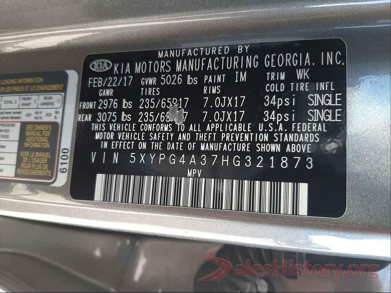 5XYPG4A37HG321873 2017 KIA SORENTO