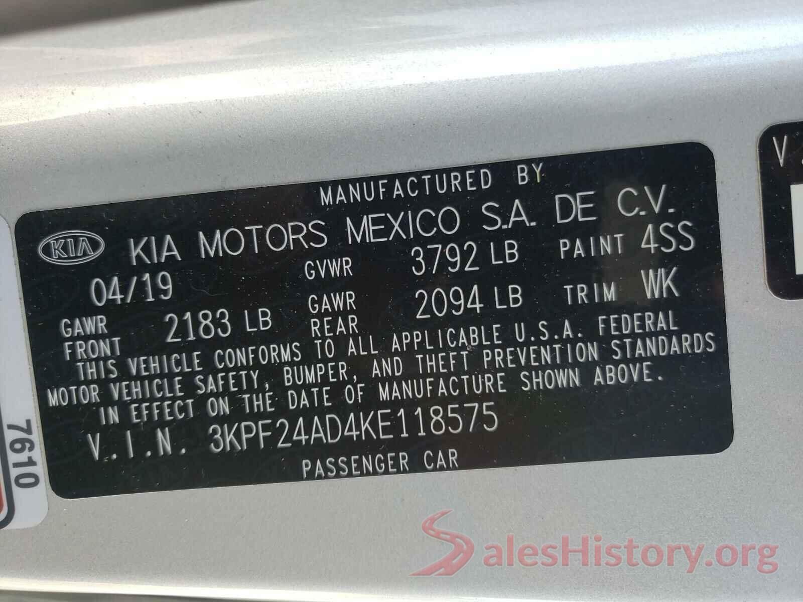 3KPF24AD4KE118575 2019 KIA FORTE