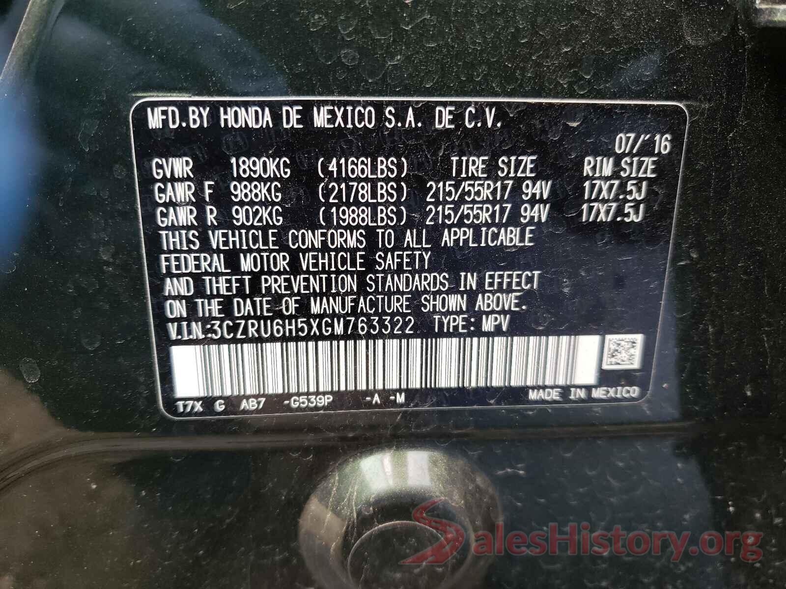 3CZRU6H5XGM763322 2016 HONDA HR-V