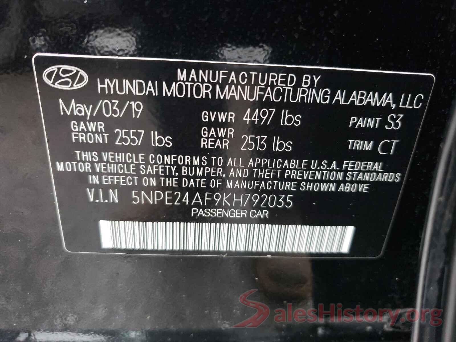 5NPE24AF9KH792035 2019 HYUNDAI SONATA