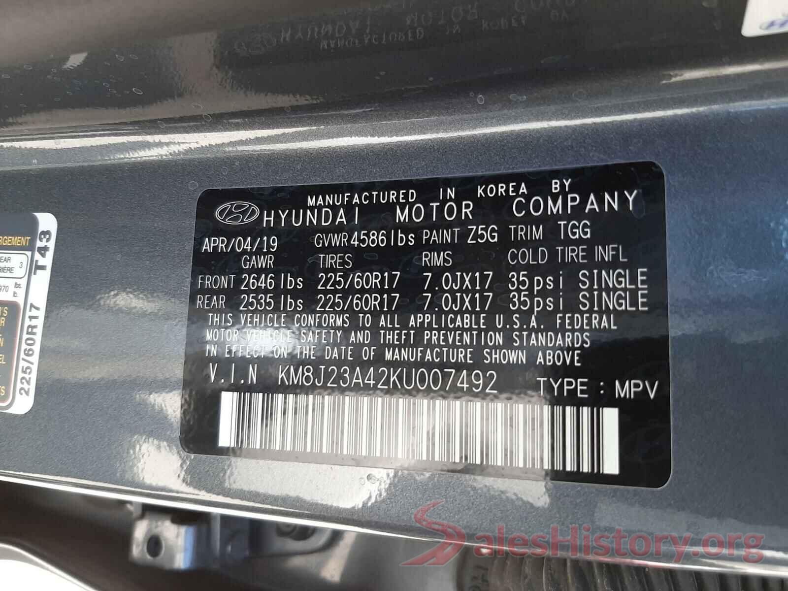 KM8J23A42KU007492 2019 HYUNDAI TUCSON