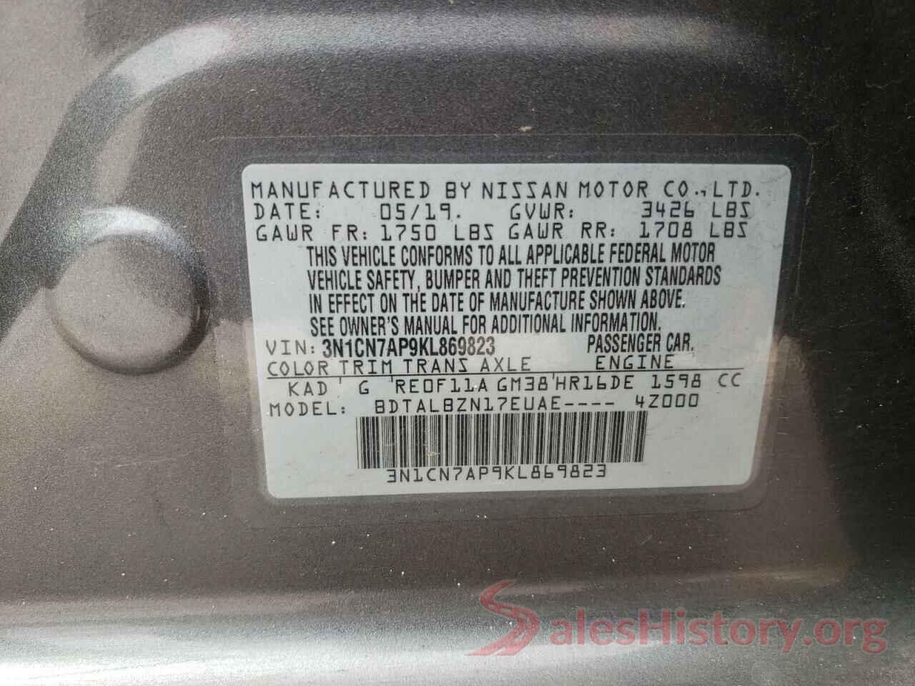 3N1CN7AP9KL869823 2019 NISSAN VERSA