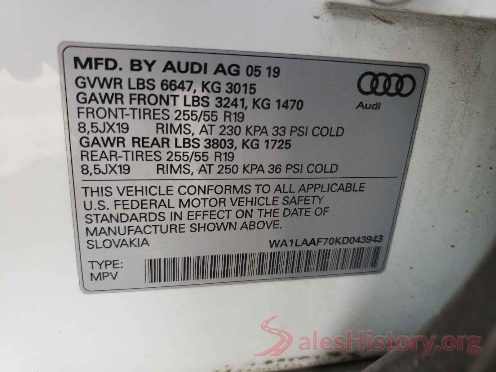 WA1LAAF70KD043943 2019 AUDI Q7