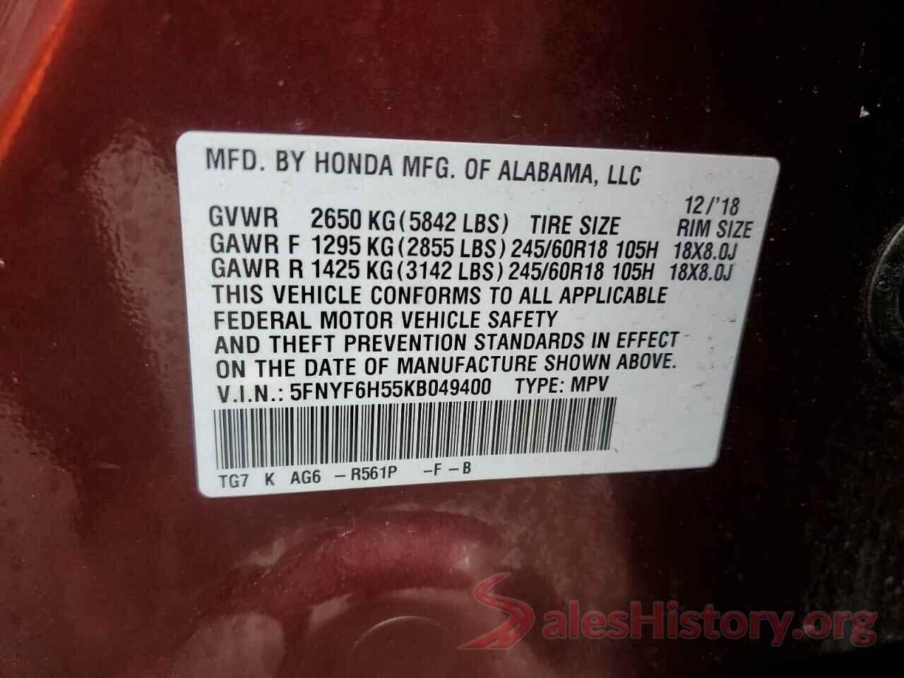 5FNYF6H55KB049400 2019 HONDA PILOT