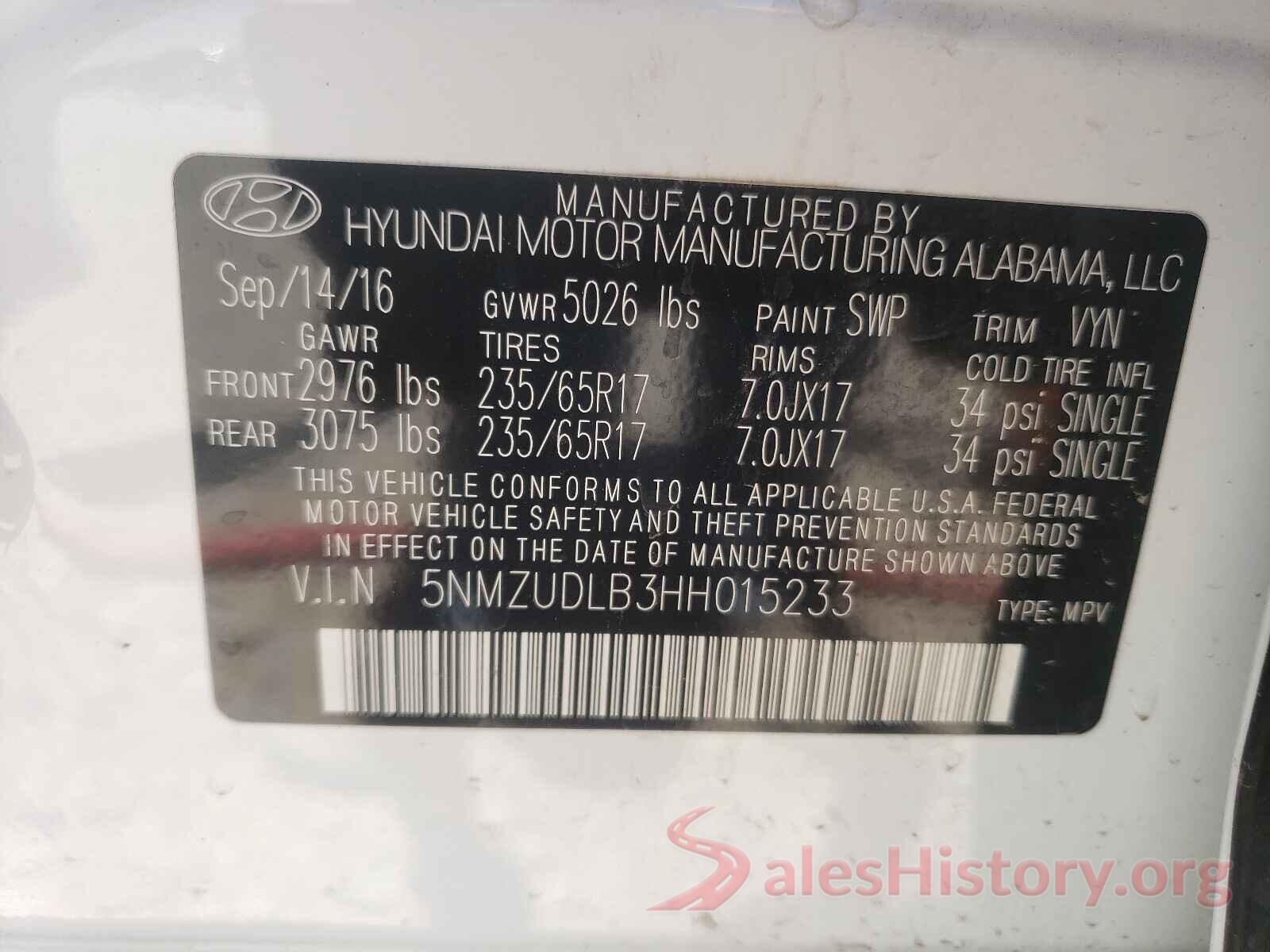 5NMZUDLB3HH015233 2017 HYUNDAI SANTA FE