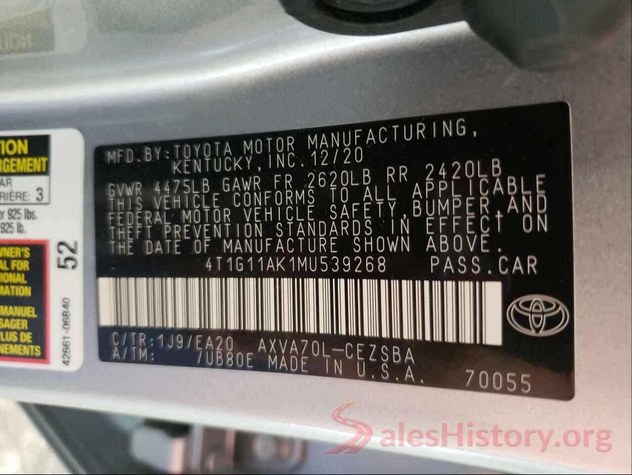 4T1G11AK1MU539268 2021 TOYOTA CAMRY