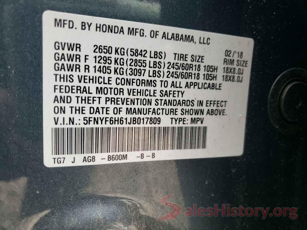 5FNYF6H61JB017809 2018 HONDA PILOT