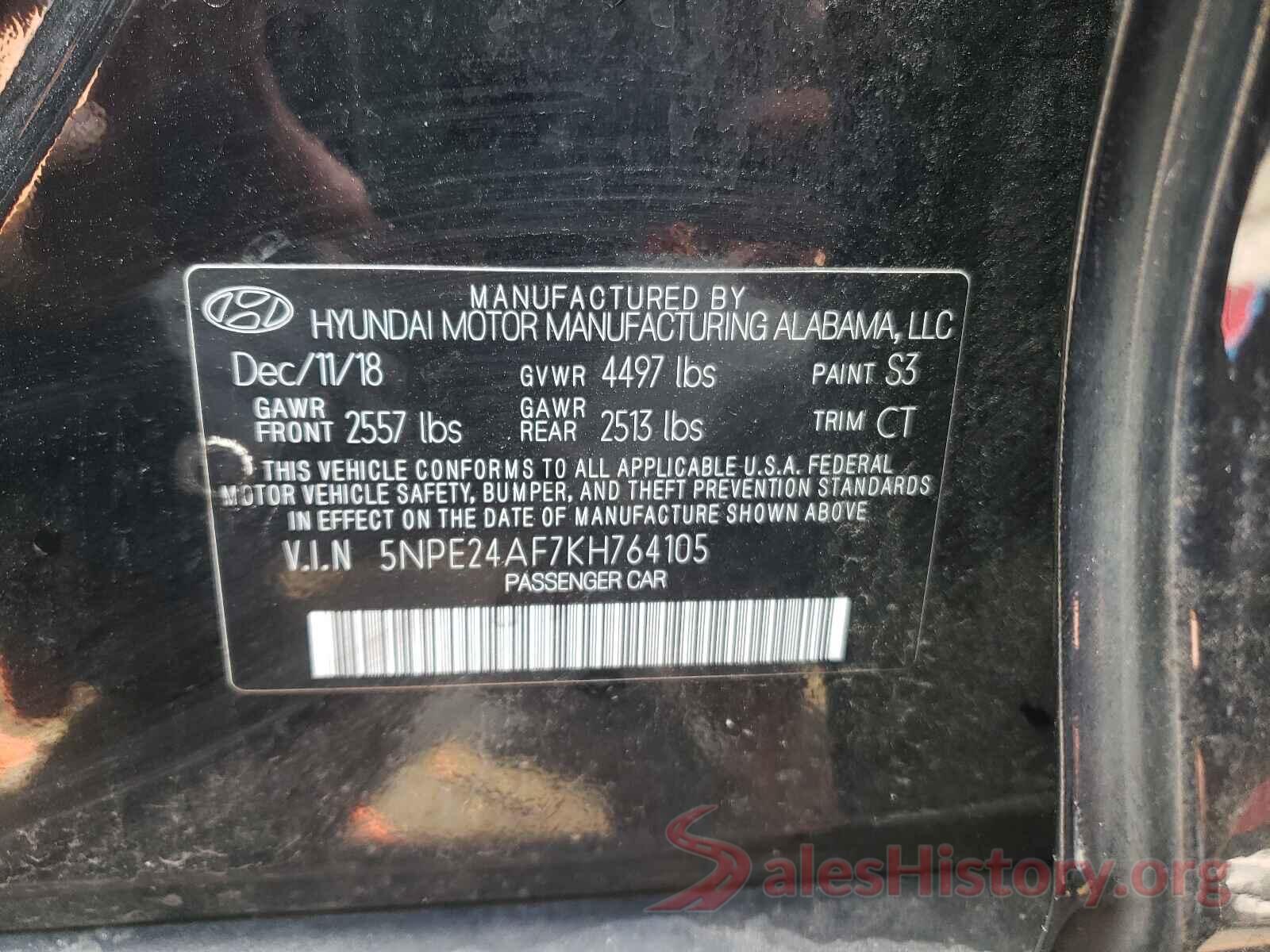 5NPE24AF7KH764105 2019 HYUNDAI SONATA