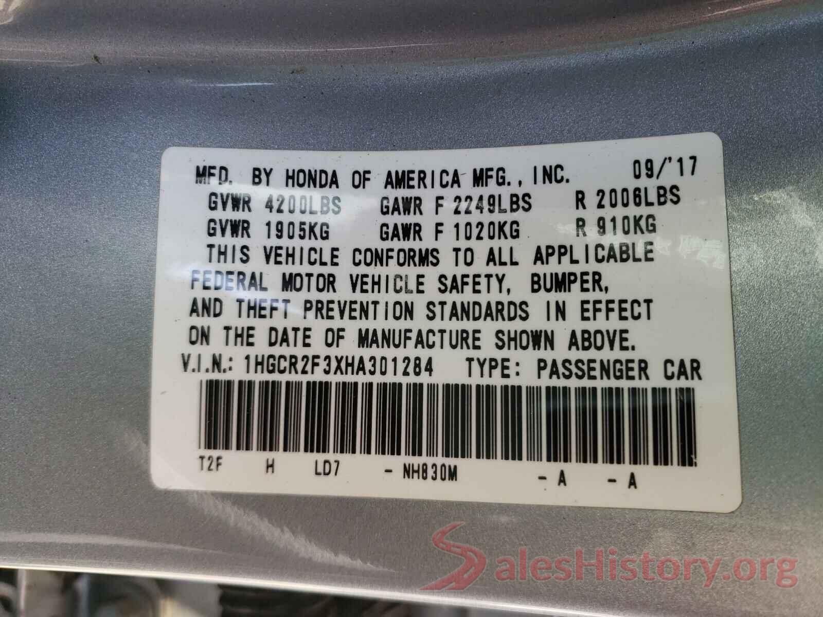 1HGCR2F3XHA301284 2017 HONDA ACCORD