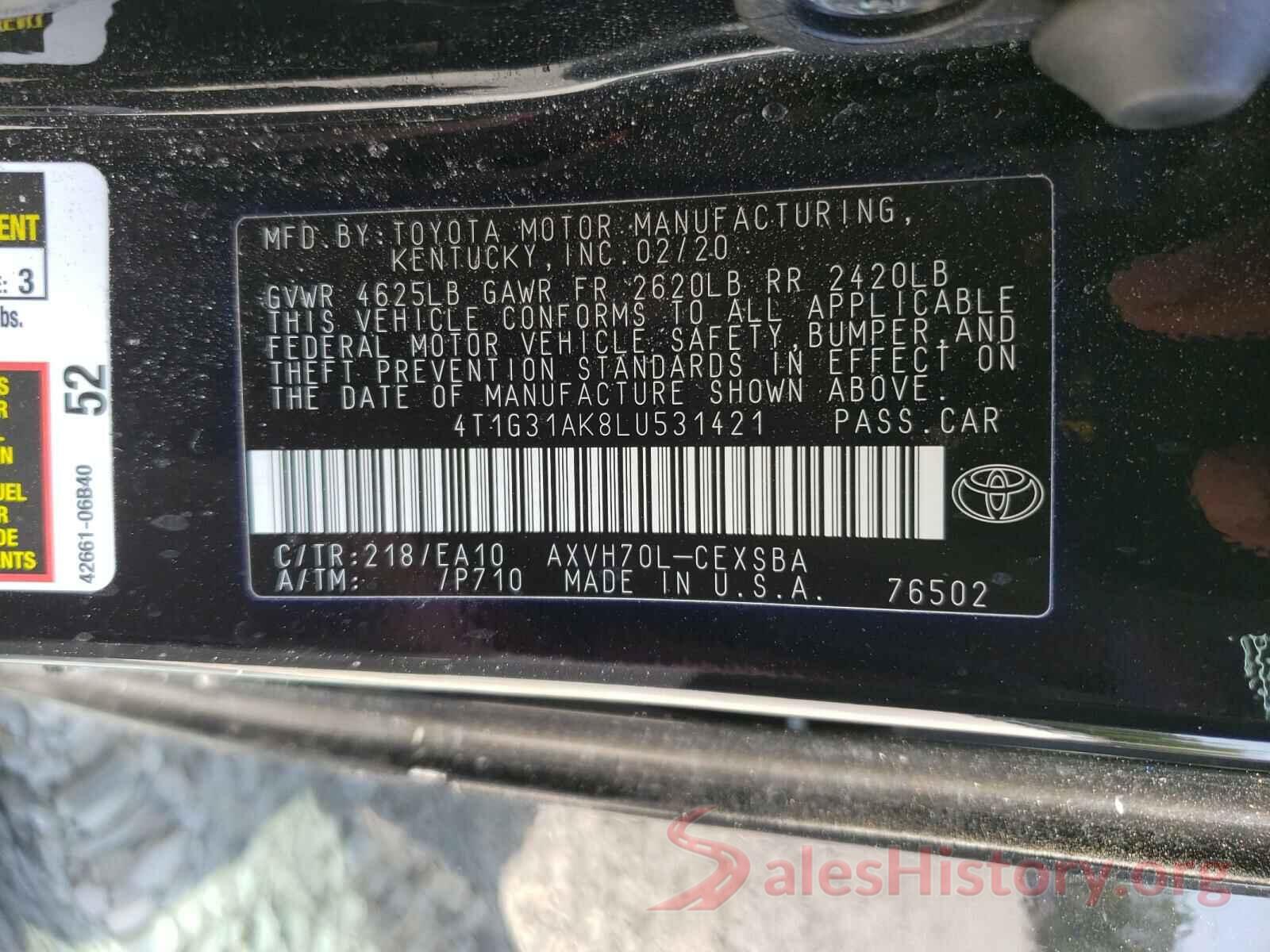 4T1G31AK8LU531421 2020 TOYOTA CAMRY