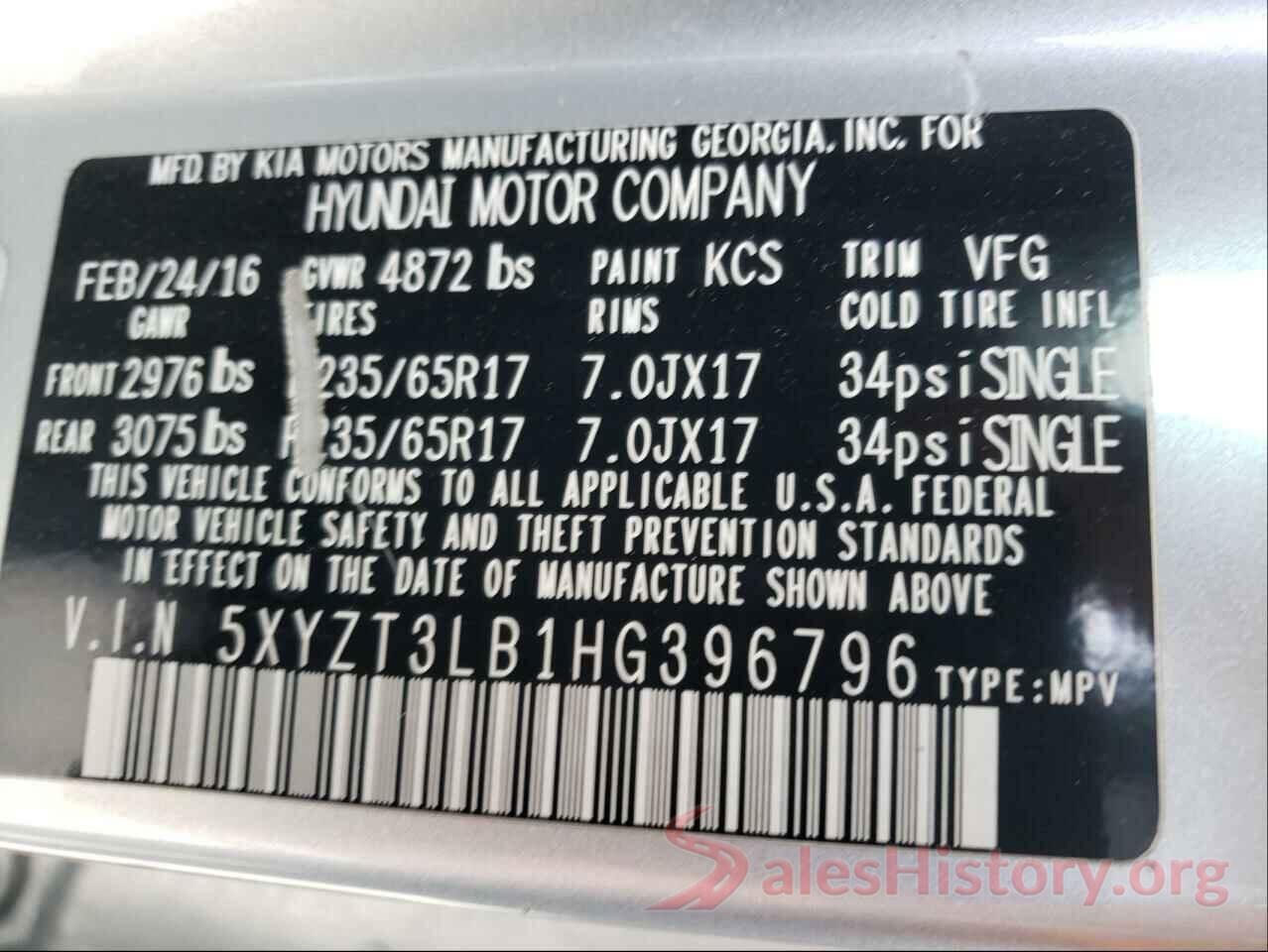 5XYZT3LB1HG396796 2017 HYUNDAI SANTA FE