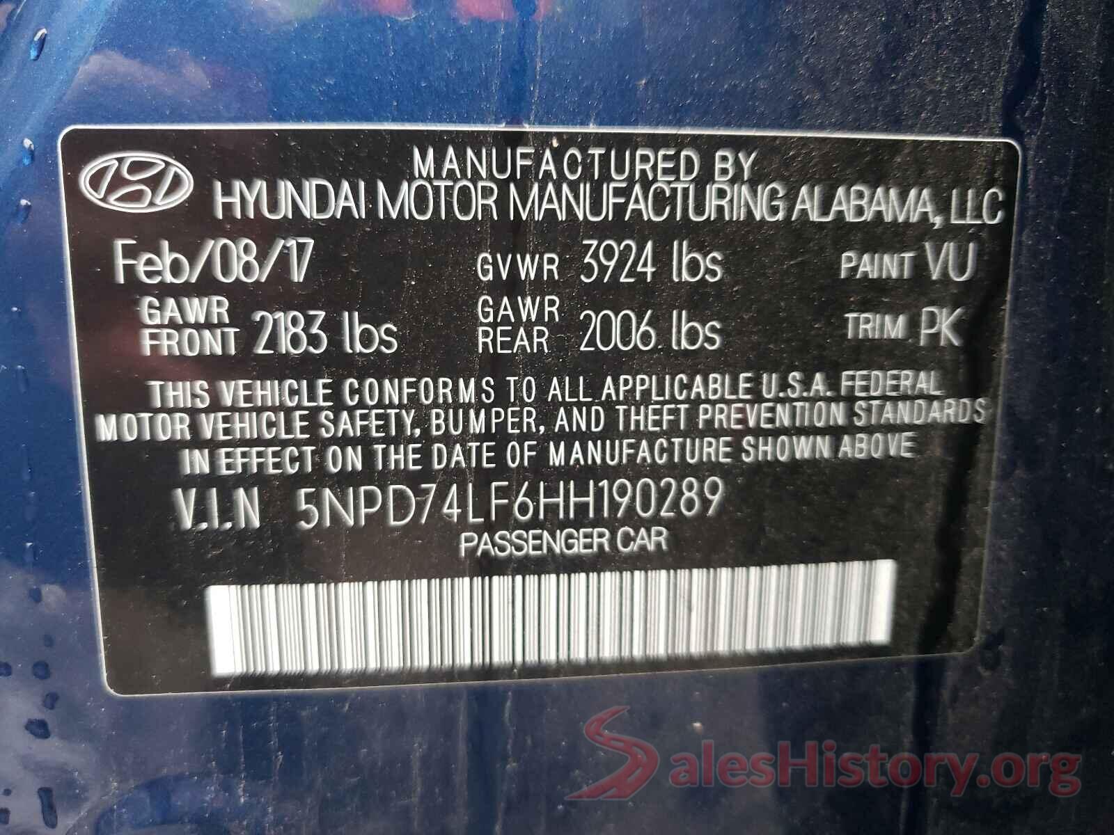 5NPD74LF6HH190289 2017 HYUNDAI ELANTRA