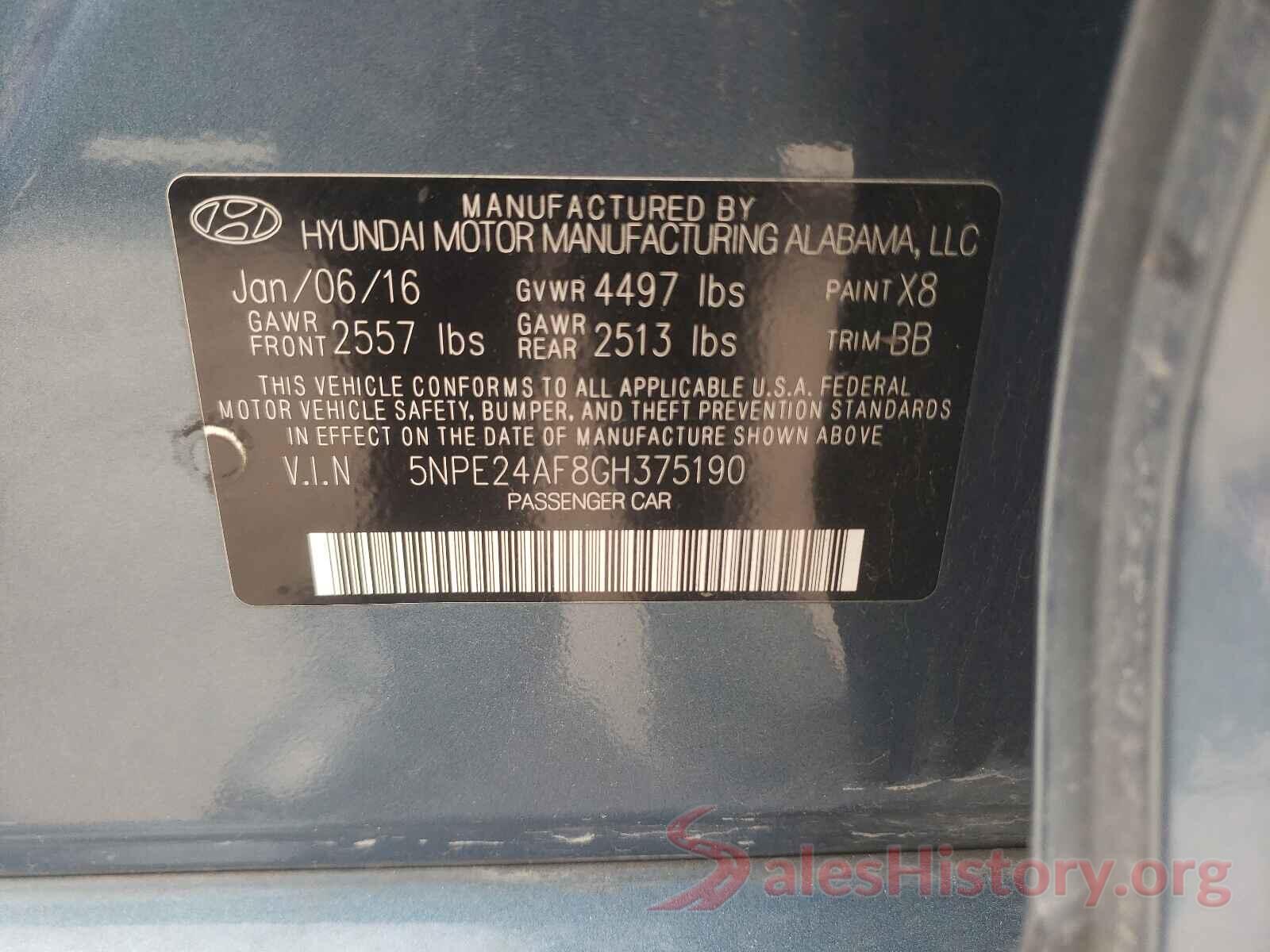 5NPE24AF8GH375190 2016 HYUNDAI SONATA