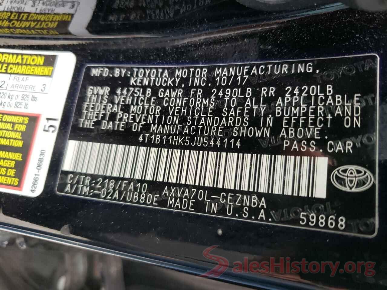 4T1B11HK5JU544114 2018 TOYOTA CAMRY