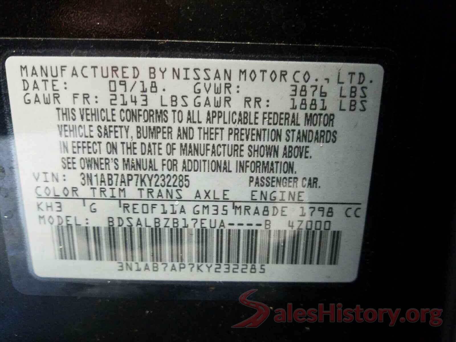 3N1AB7AP7KY232285 2019 NISSAN SENTRA