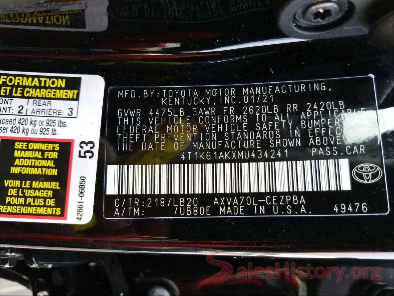 4T1K61AKXMU434241 2021 TOYOTA CAMRY