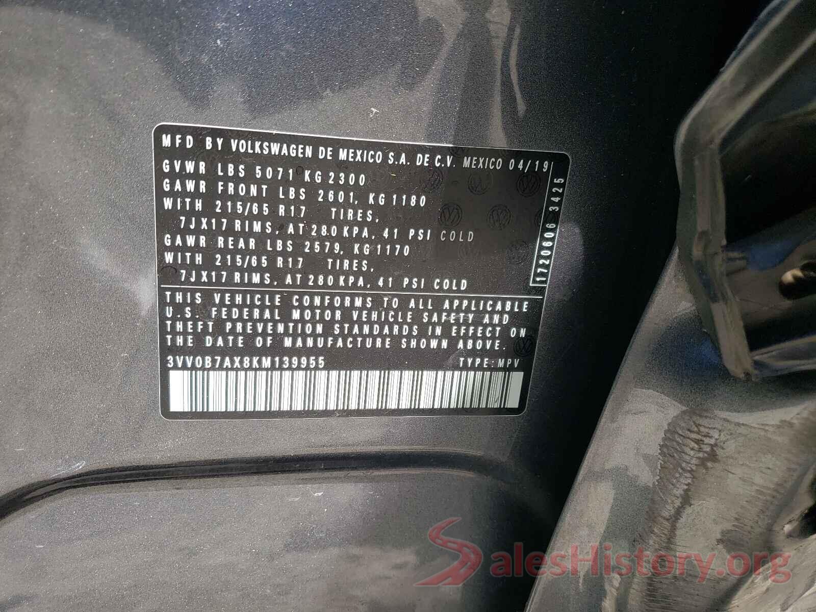 3VV0B7AX8KM139955 2019 VOLKSWAGEN TIGUAN