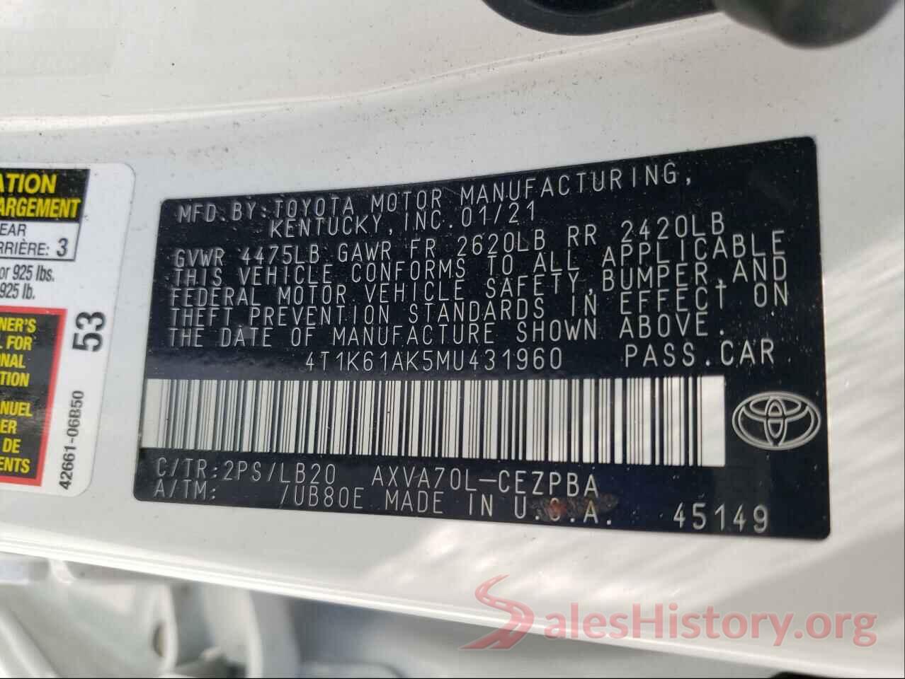 4T1K61AK5MU431960 2021 TOYOTA CAMRY