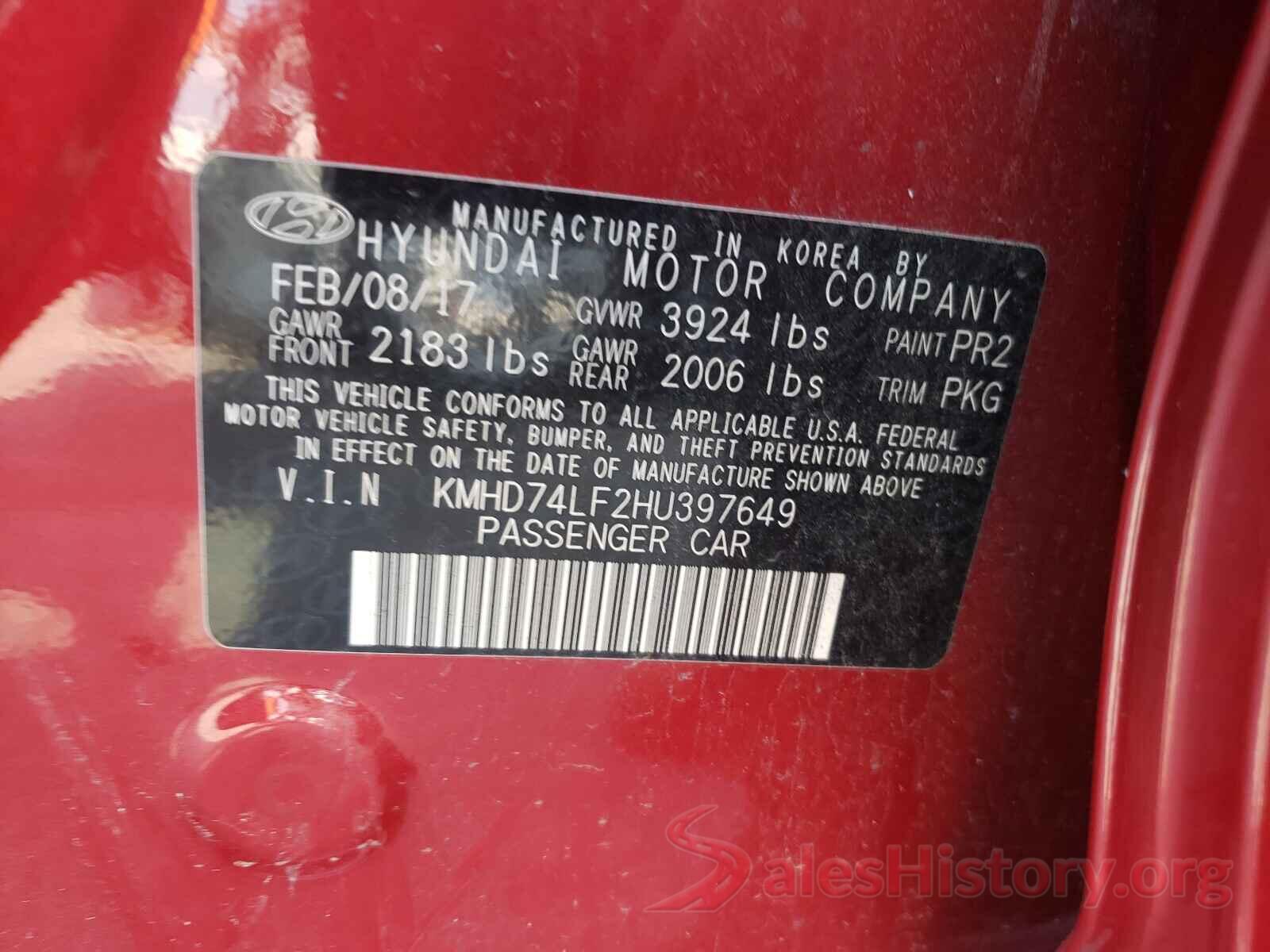 KMHD74LF2HU397649 2017 HYUNDAI ELANTRA