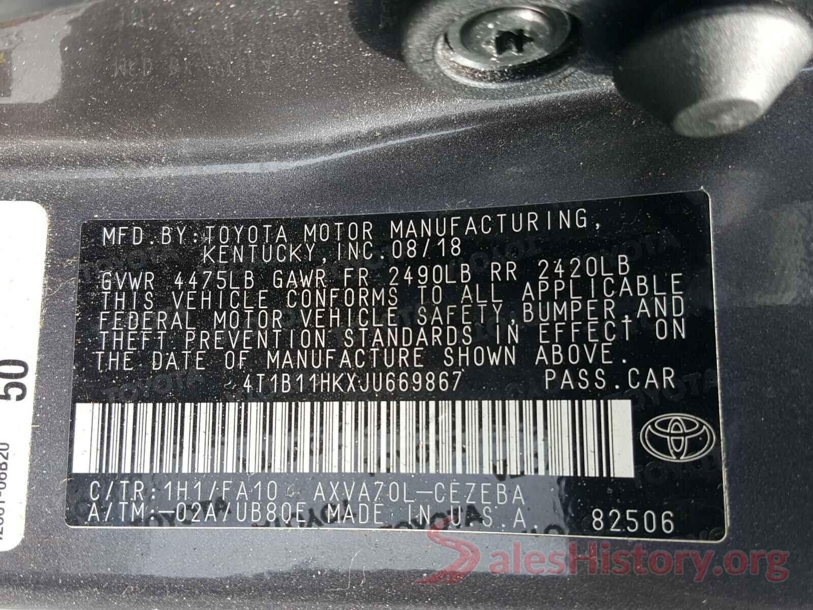 4T1B11HKXJU669867 2018 TOYOTA CAMRY