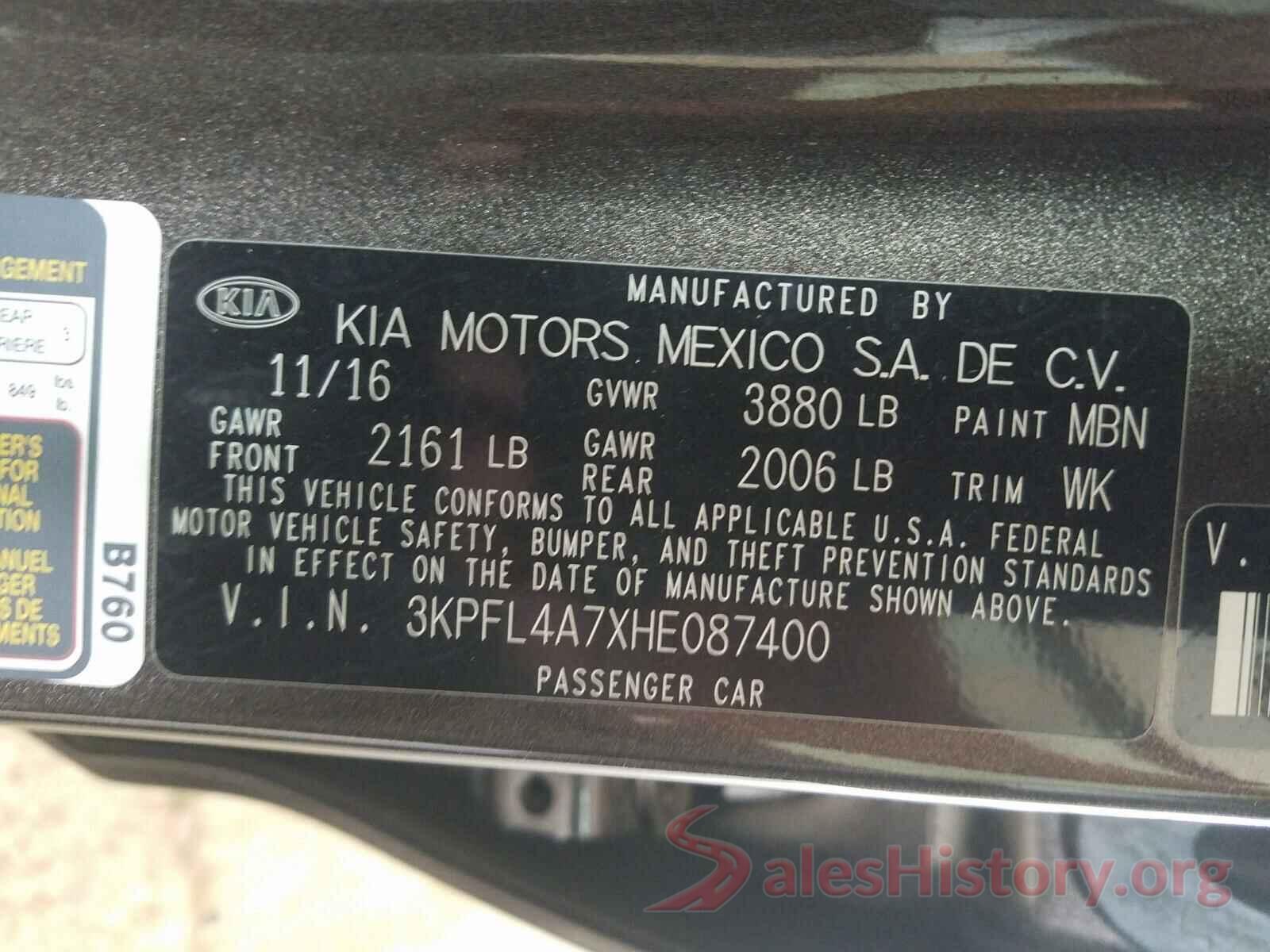 3KPFL4A7XHE087400 2017 KIA FORTE