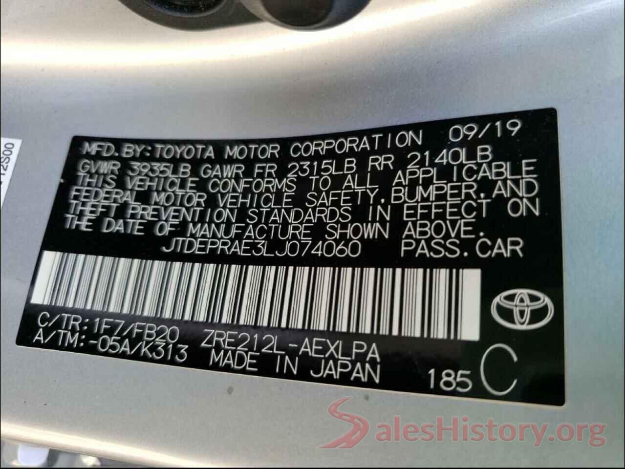 JTDEPRAE3LJ074060 2020 TOYOTA COROLLA