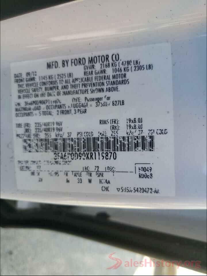 3FA6P0D90KR119870 2019 FORD FUSION