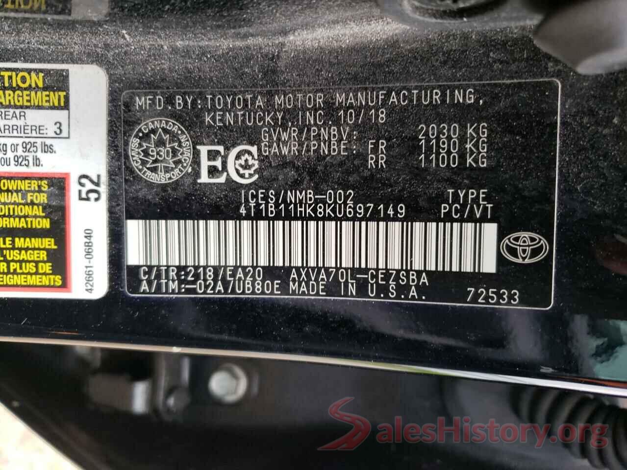 4T1B11HK8KU697149 2019 TOYOTA CAMRY