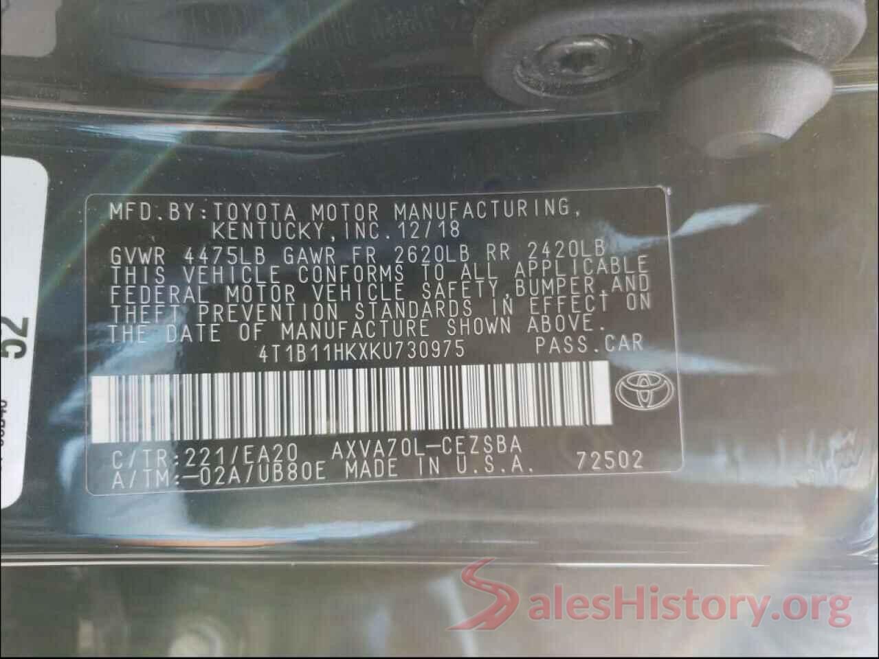 4T1B11HKXKU730975 2019 TOYOTA CAMRY