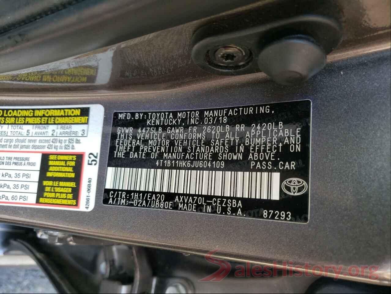 4T1B11HK6JU604109 2018 TOYOTA CAMRY