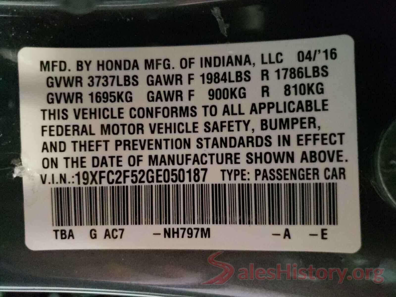 19XFC2F52GE050187 2016 HONDA CIVIC