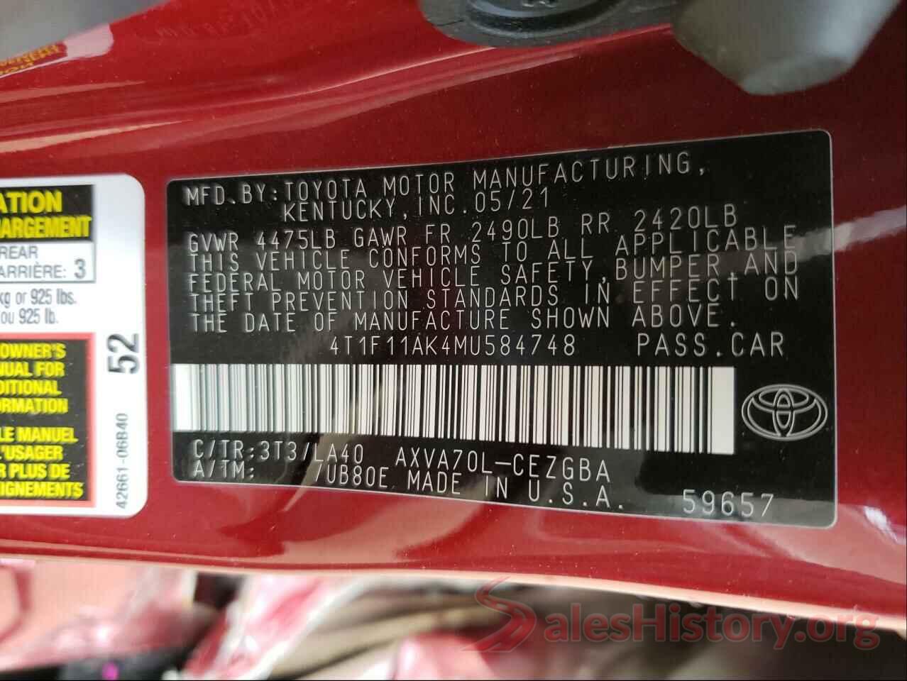 4T1F11AK4MU584748 2021 TOYOTA CAMRY