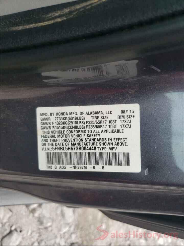 5FNRL5H67GB004448 2016 HONDA ODYSSEY