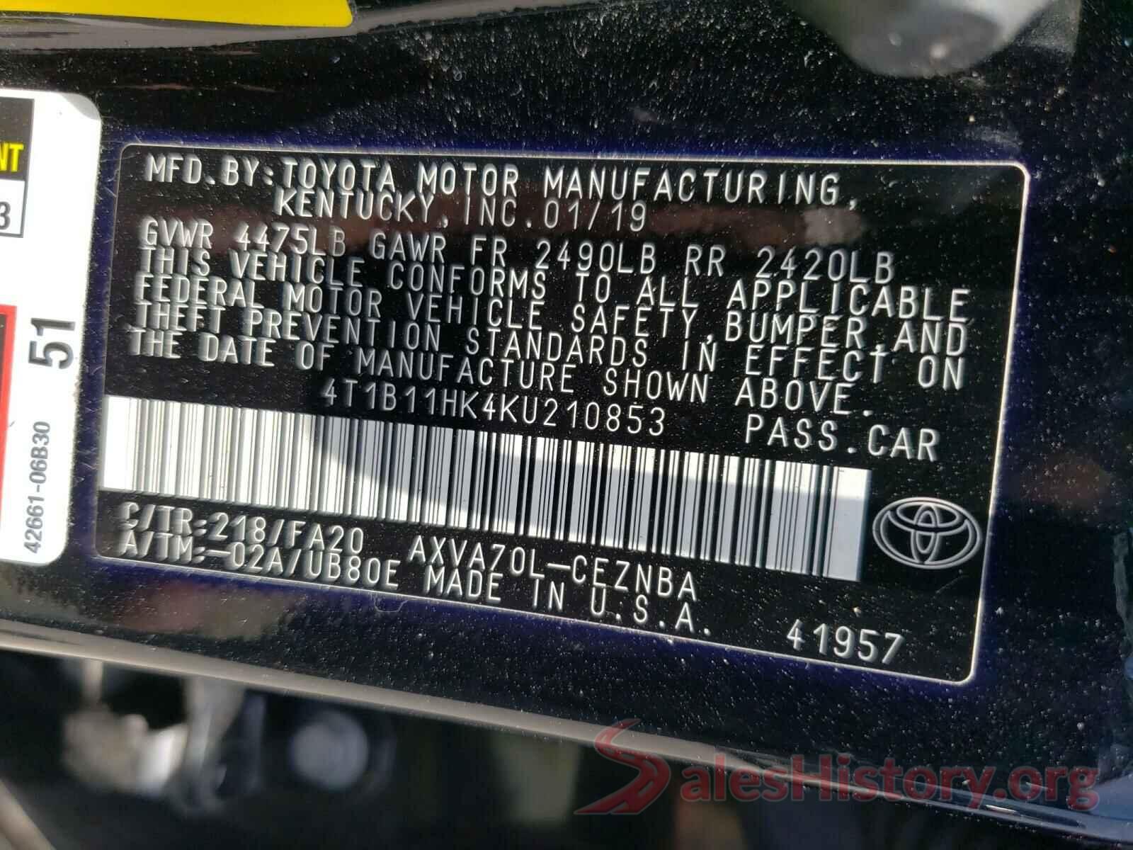 4T1B11HK4KU210853 2019 TOYOTA CAMRY